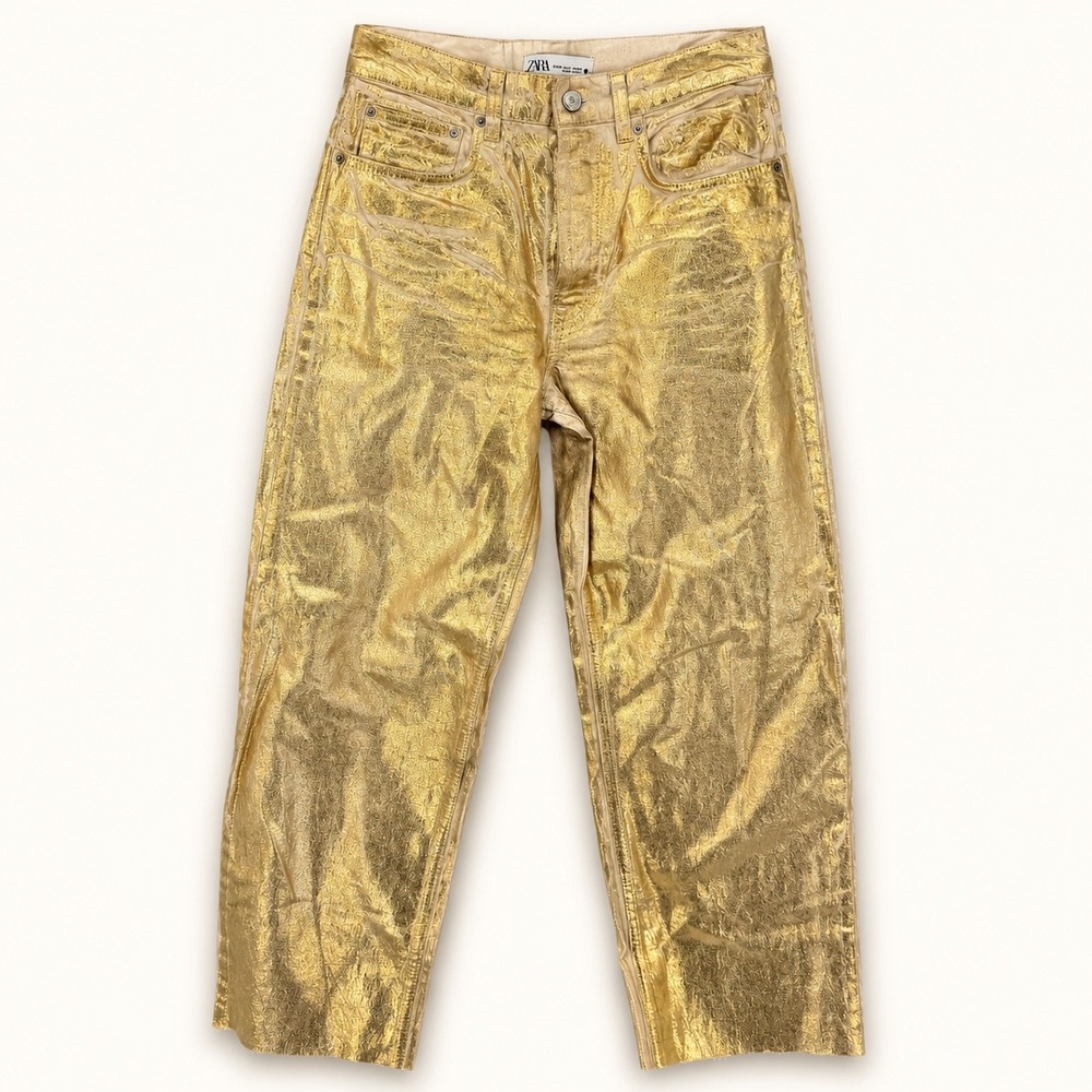 Zara Women Size 4 Jeans Gold Metallic Foil Coated Straight Leg Raw Hem Glam Max